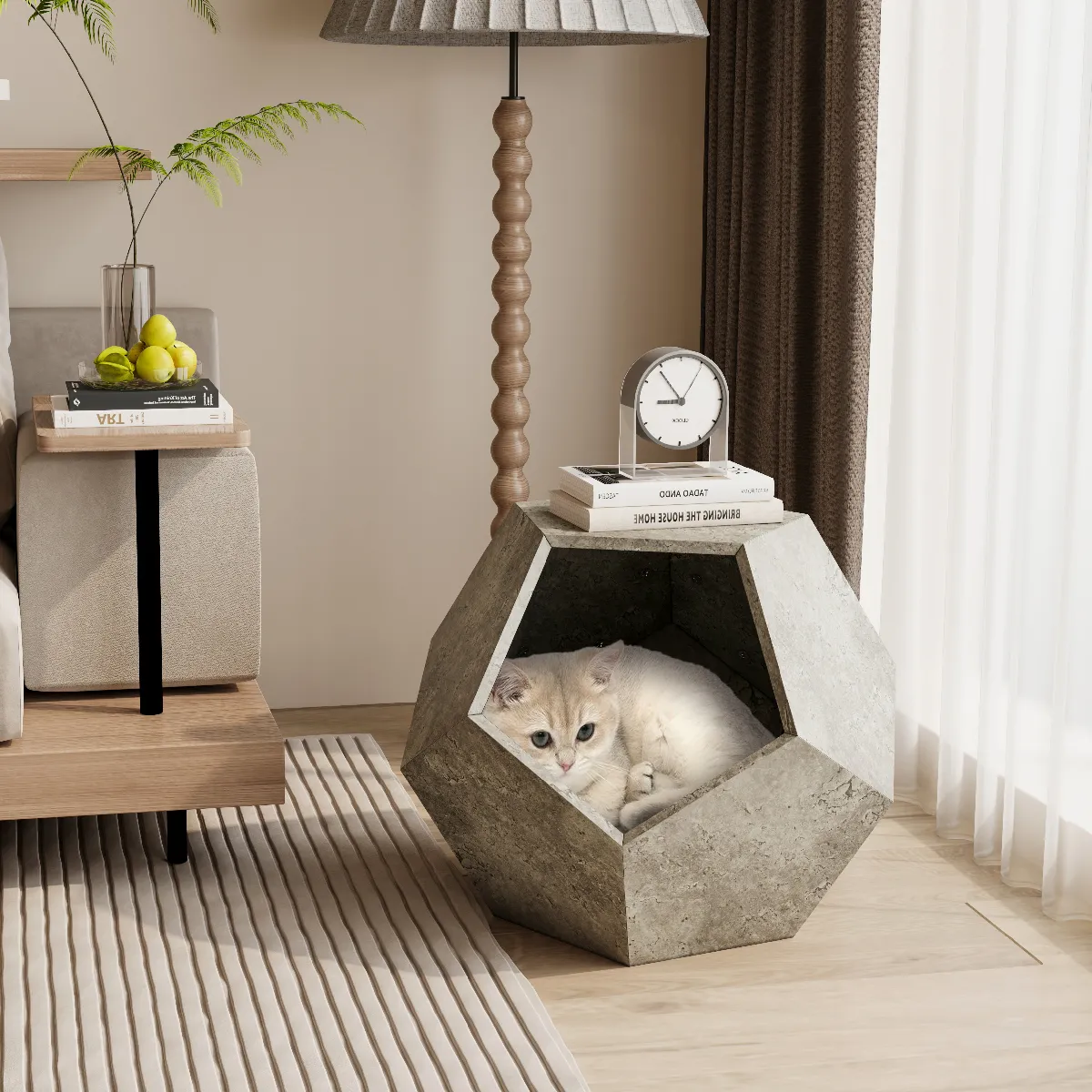 Meilleurs prix pour Table d’Appoint Moderne avec Niche pour Chat en MDF - Gris Ciment