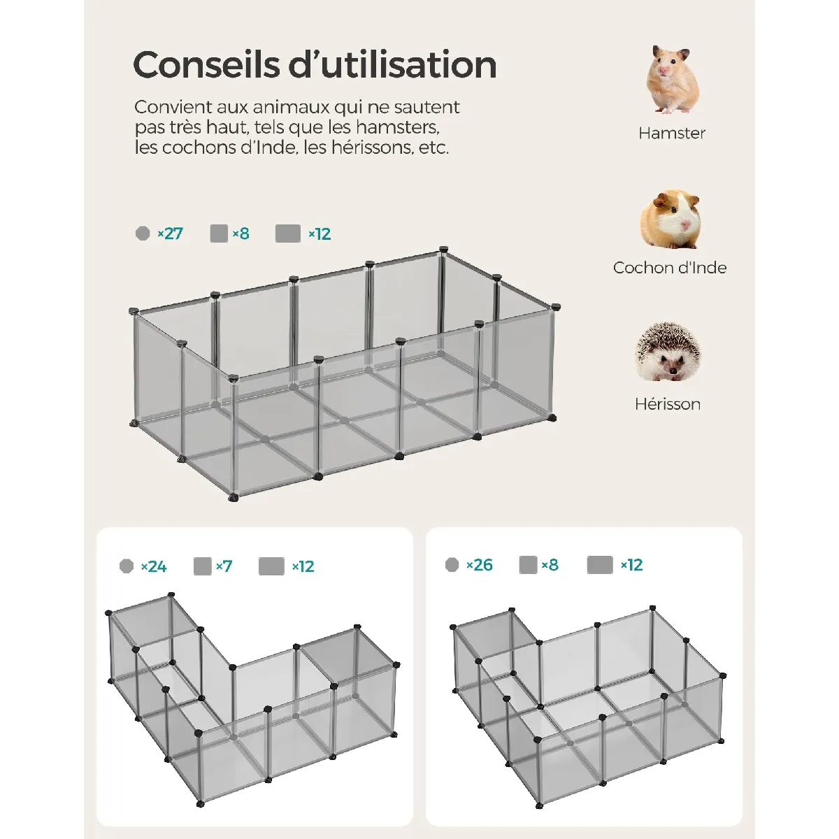 Meilleurs prix pour Parc enclos cage clôture avec plancher intérieur modulable en plastique pour cochon d’inde lapin hérisson petits animaux blanc 12_0006898