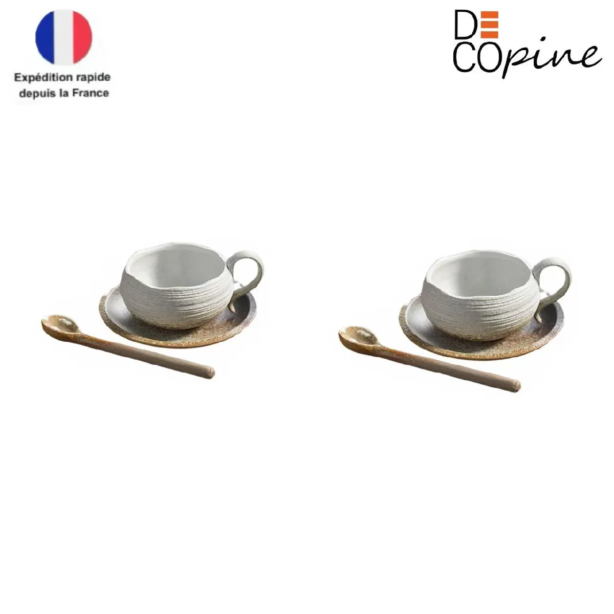 Decopine – Lot de 2 tasses à café avec soucoupe et cuillère – céramique blanche 150 ml – style wabi-sabi