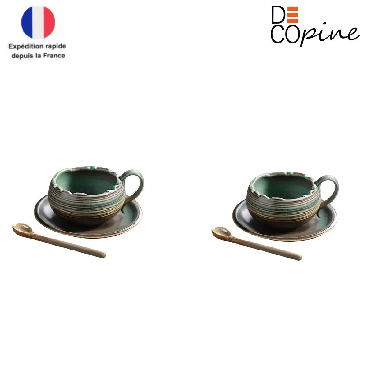 Decopine – Lot de 2 tasses à café 150 ml en céramique verte avec soucoupes et cuillères