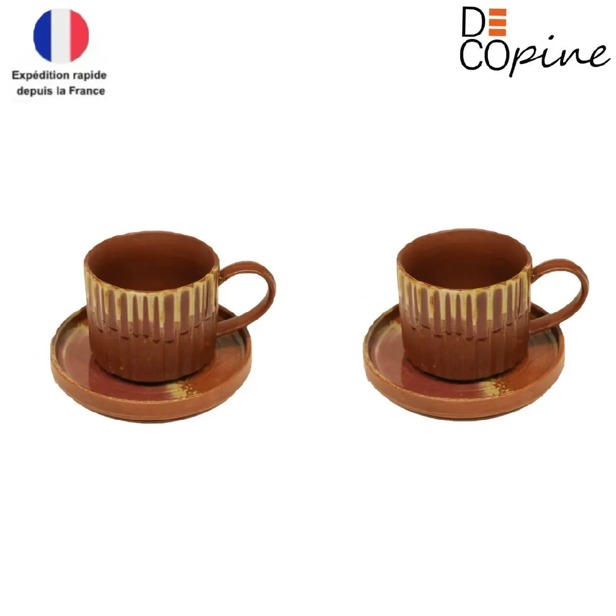 Decopine – Lot de 2 tasses à café 250 ml avec soucoupes, céramique style wabi-sabi, Jaune
