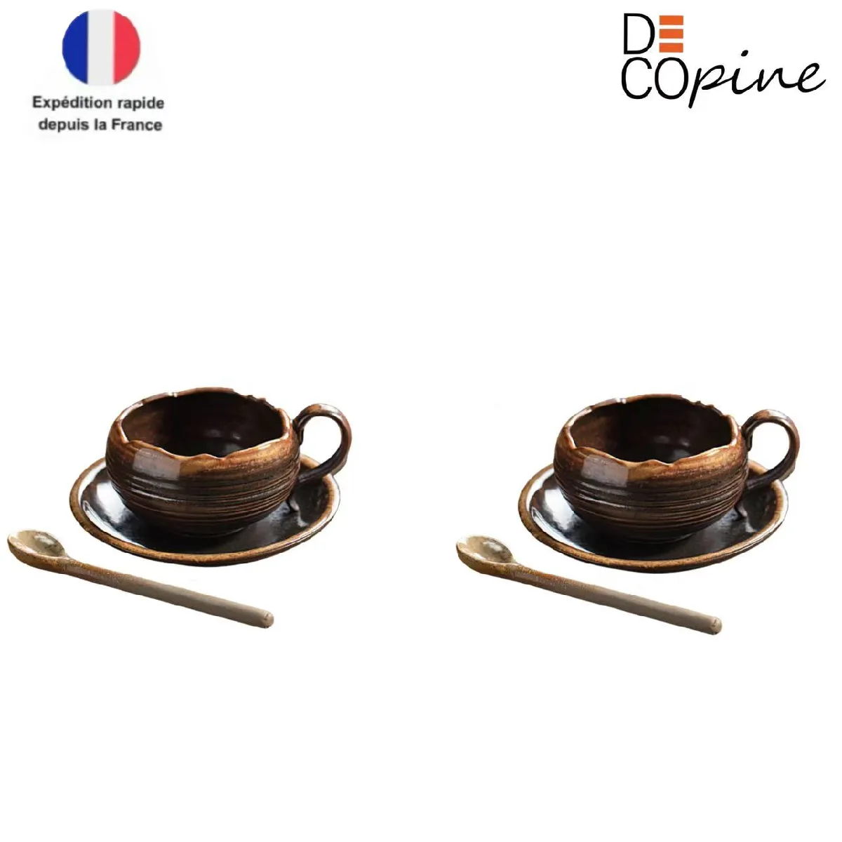 Lot de 2 tasses à café en céramique – Marron – Style Wabi-Sabi – Decopine