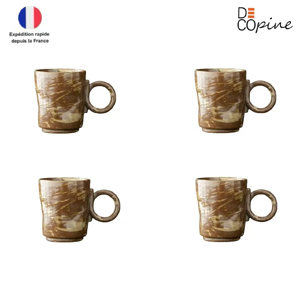 Lot de 4 tasses à café 150 ml – Marron – Style wabi-sabi – Décopine