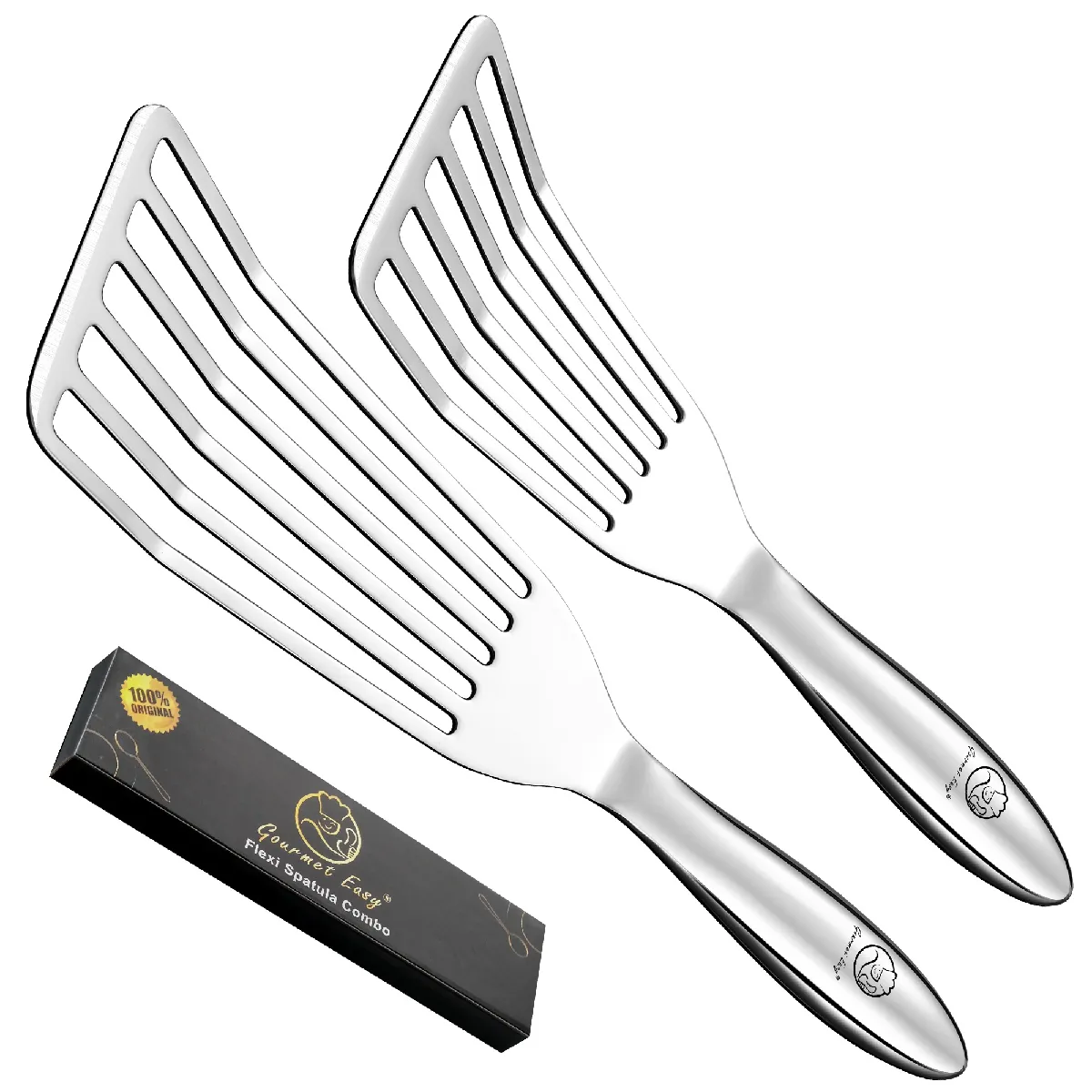 Set de spatules de cuisine en inox   Grande spatule poisson et petite spatule crêpe   Poignée ergonomique