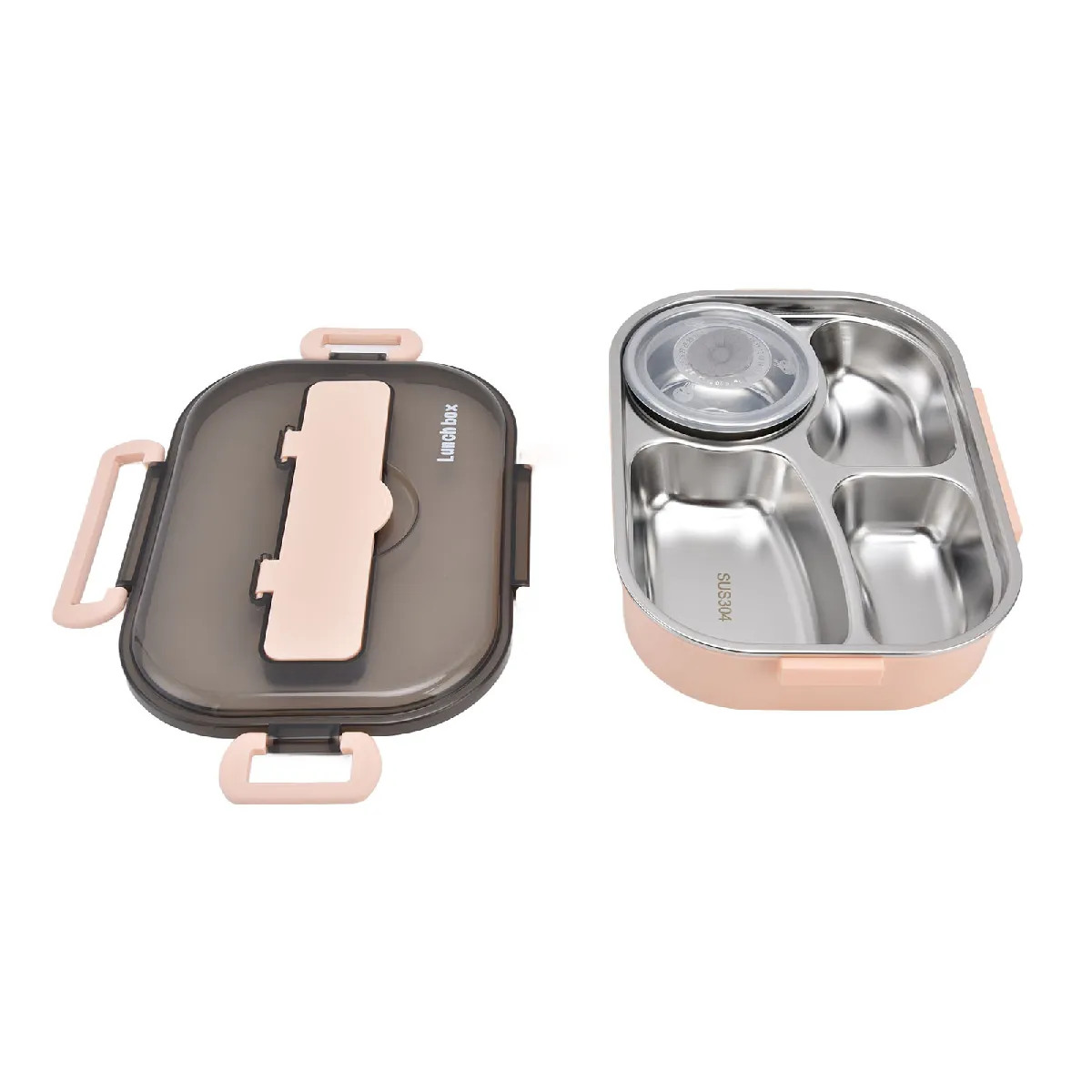 Boîte à lunch Bento portable en acier inoxydable 304 de 1,3 L, quatre compartiments, baguettes et cuillère - Rose