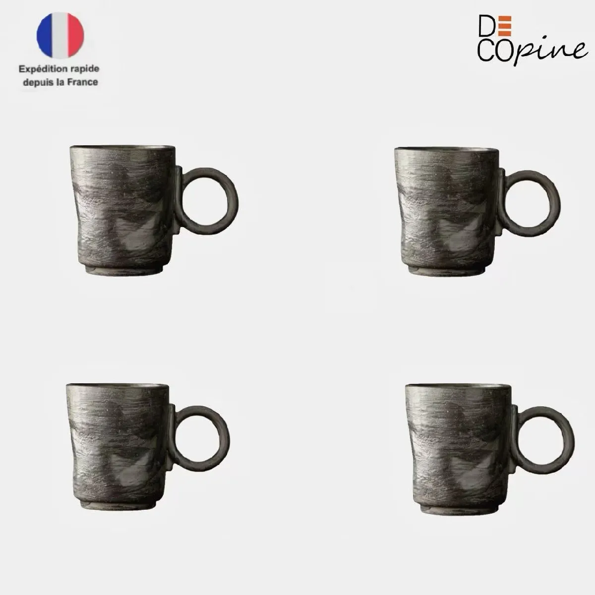 Lot de 4 tasses à café 150 ml en céramique noire – style wabi-sabi – fait main – Decopine