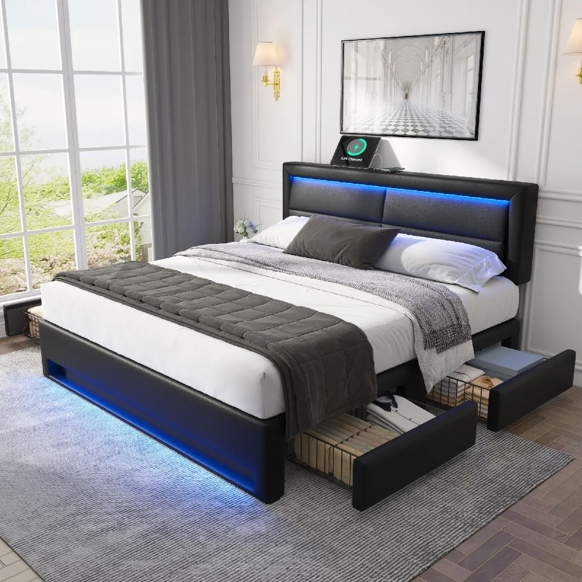 Lit Double 140x200 cm - Lit avec rangement - Noir