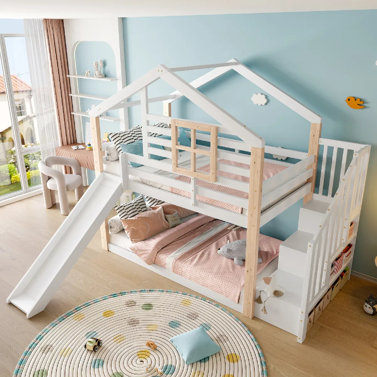 Lit Superposé Mezzanine Enfant 90x200 Cm Blanc – Avec Matelas Et Sommier, Homestyle4u
