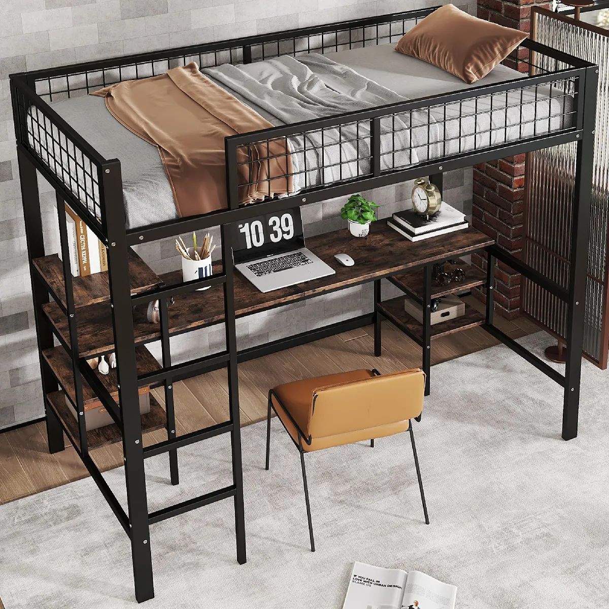 Lit mezzanine 90x200 cm - Bureau intégré - Noir