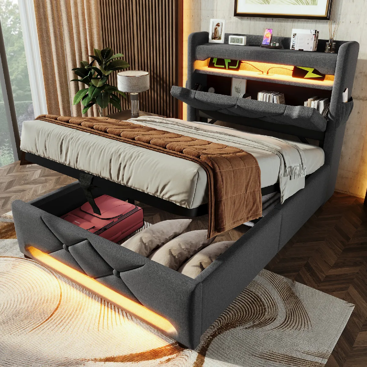 Lit Coffre 90x200 cm - Lit Capitonné LED - Gris