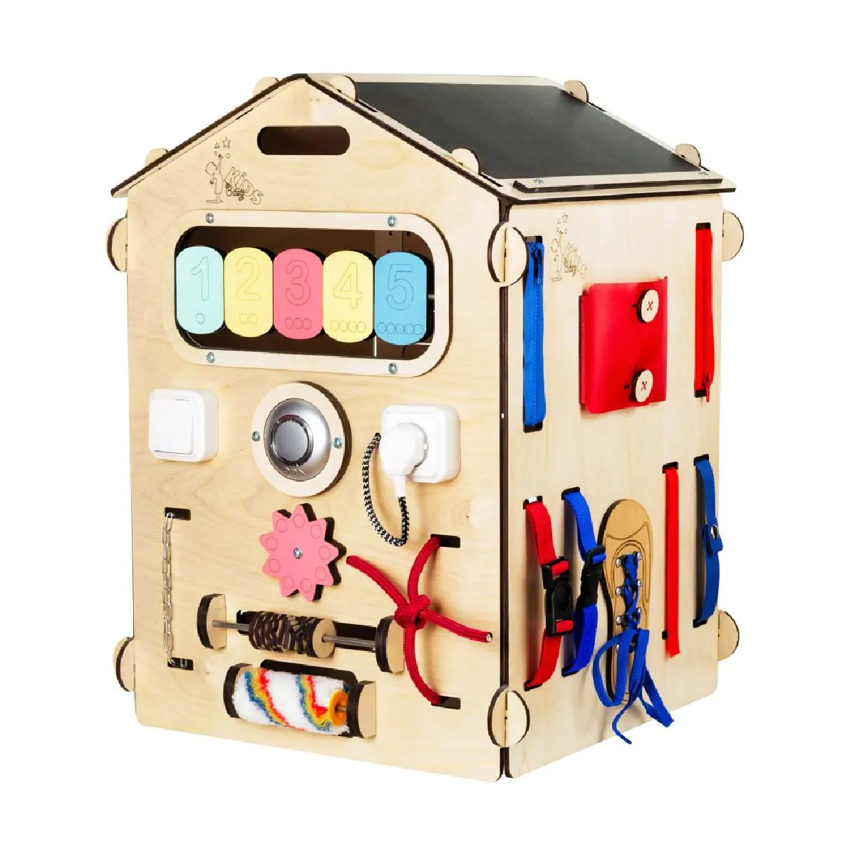 DREAMADE Cube D'Activités Montessori En Bois – Maison De Jeu éducative Avec 23 Accessoires, Rangement Intérieur, Horloge, Boulier, Trieur De Formes – Pour 3 Ans Et +