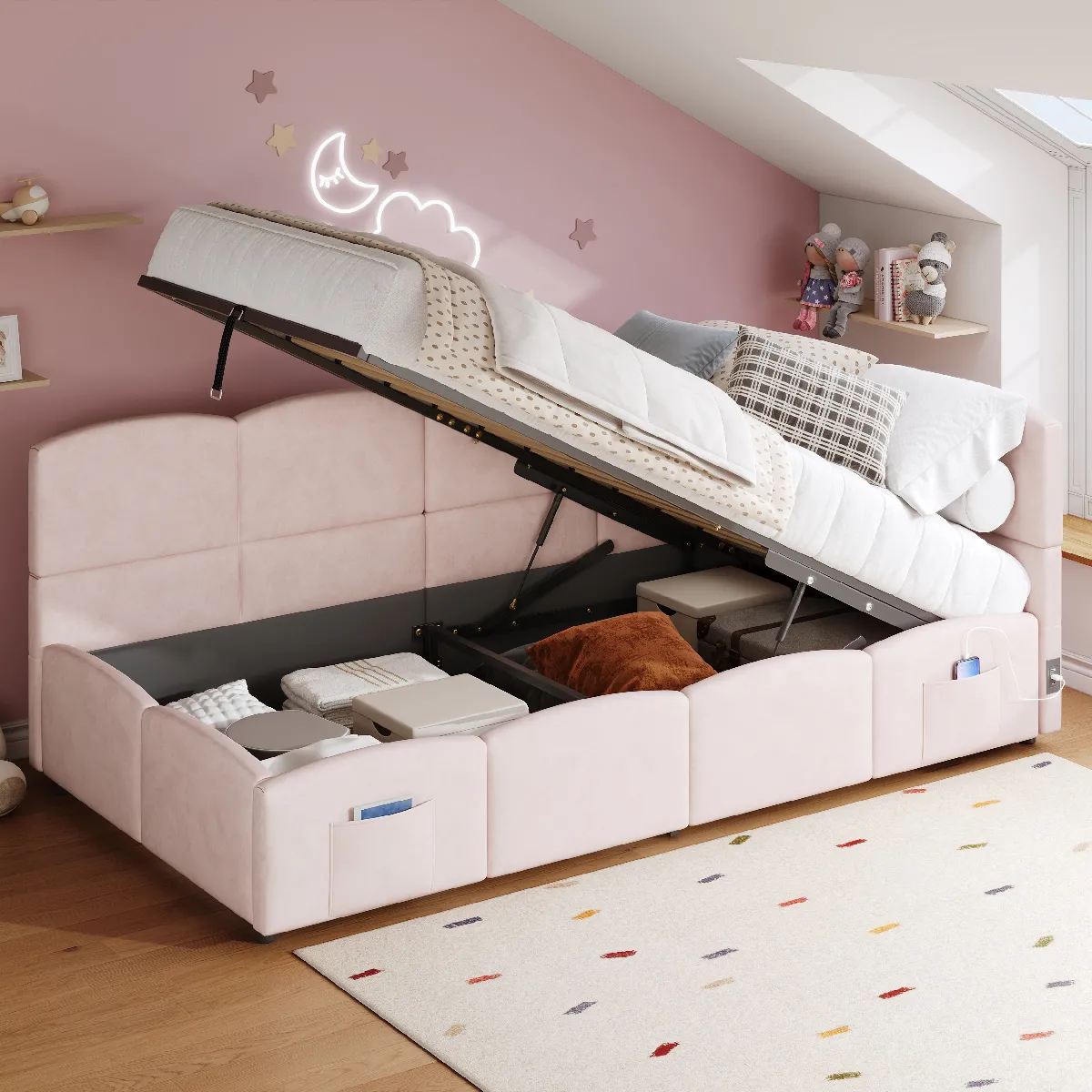 Lit banquette 90x200 cm - Lit coffre - Rose