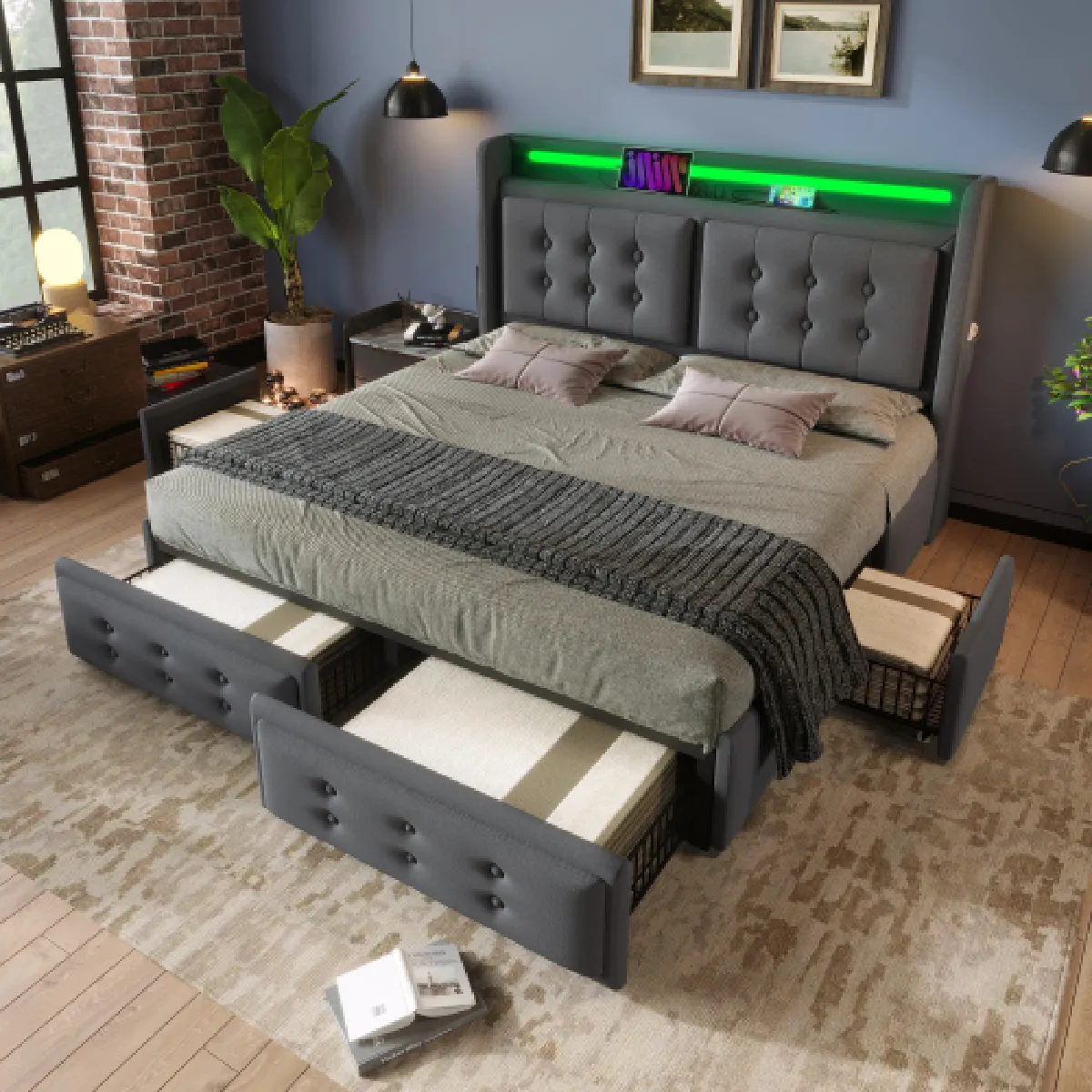 Lit adulte 160x200 cm avec tête de lit LED, USB C, 4 tiroirs et sommier à lattes, en coton, gris