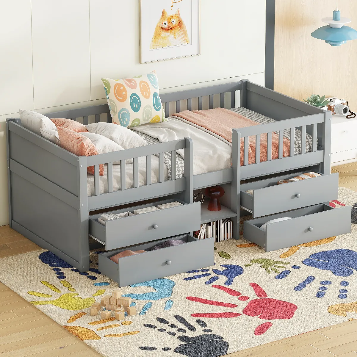 Lit enfant 90x200 cm - Lit mi-hauteur - Gris