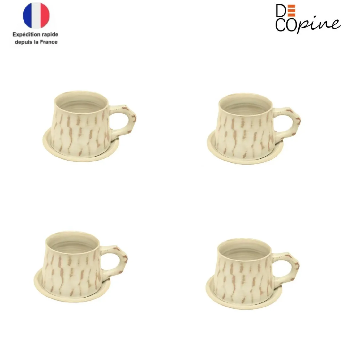 Lot de 4 tasses à café 300 ml avec soucoupes – Style Wabi-Sabi – Fait main
