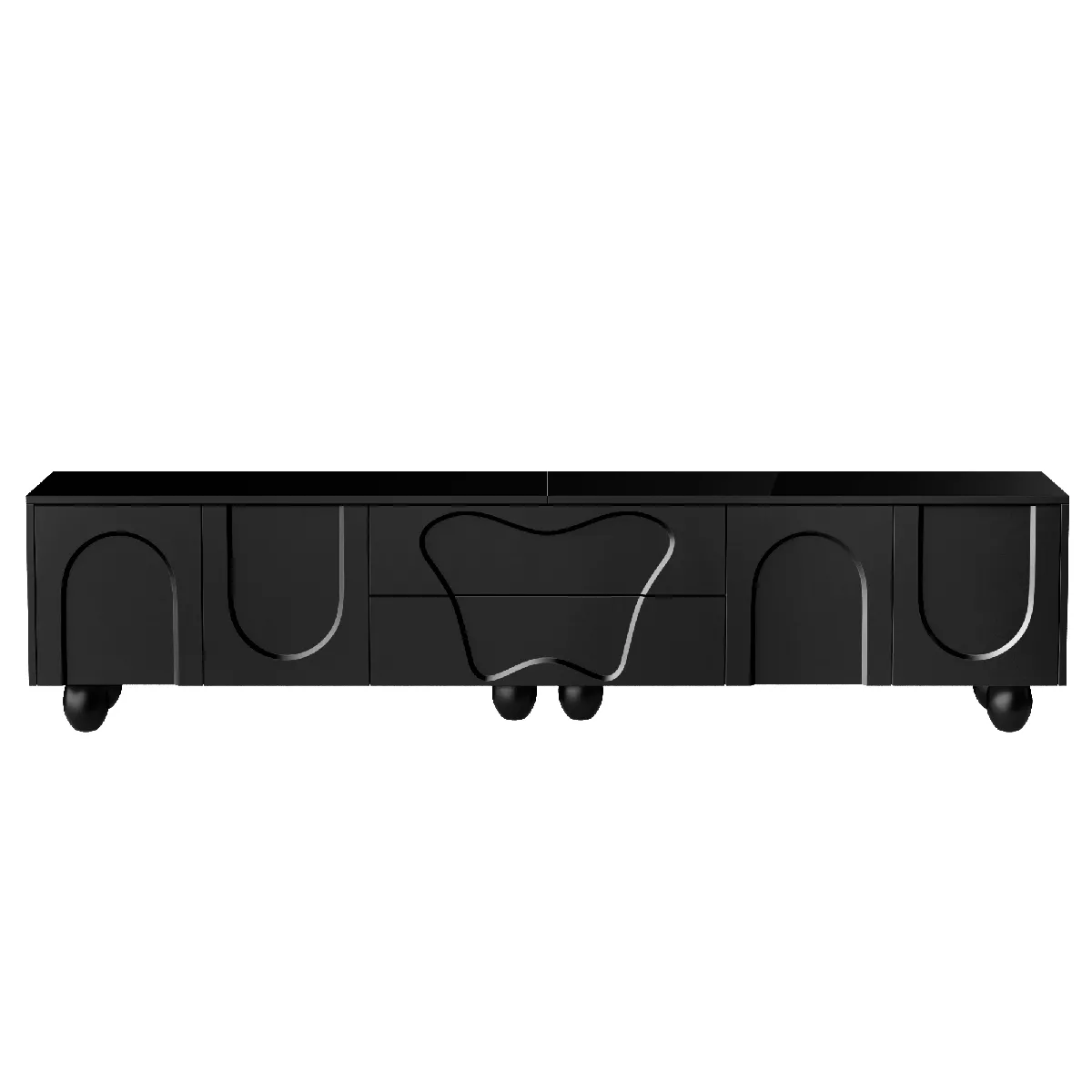 Support TV noir de 180 cm avec pieds en bois, design minimaliste et élégant, grand rangement, style moderne pour un salon chic.