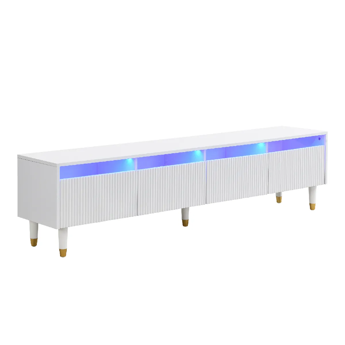 Table basse LED moderne blanc ondulé, 2 tiroirs, pieds or et blanc, bande LED multicolore — meuble TV assorti disponible
