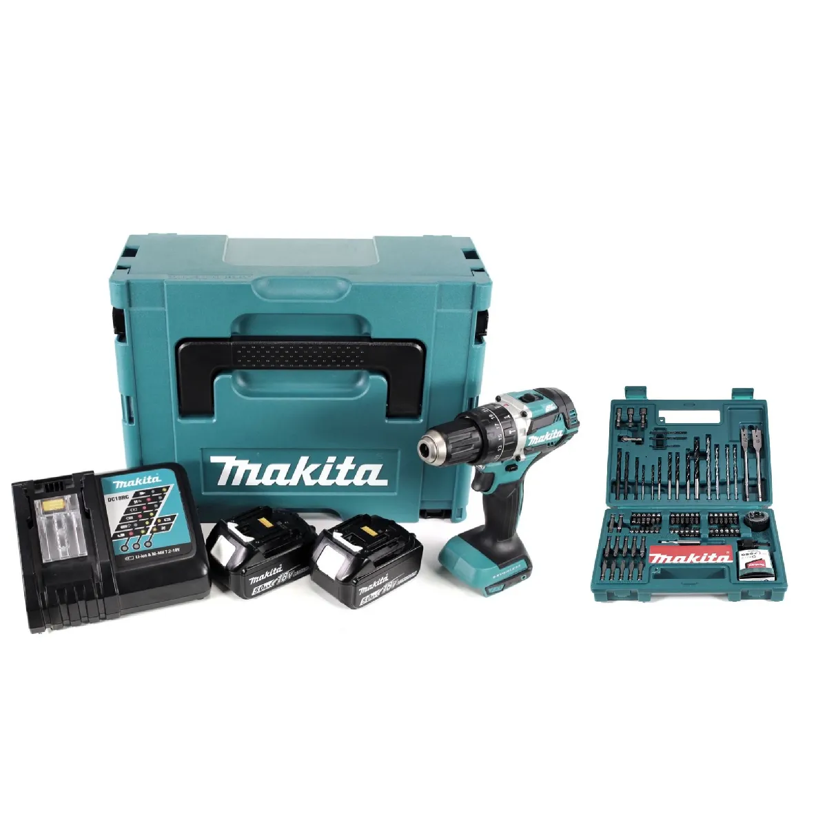 Makita DHP 484 RTJ 18V Brushless Li Ion Perceuse visseuse à percussion sans fil + Coffret de transport Makpac + 2x Batteries 5 0 Ah + Chargeur + 100 pièces de Faises et Trépans pour perceuse Makita B 53811