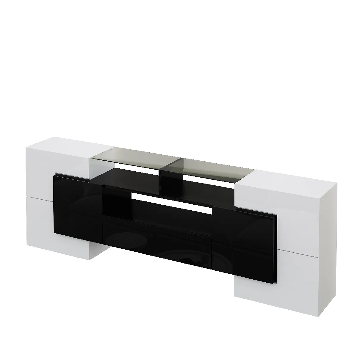Meuble TV bas blanc et noir brillant, 200cm,LED, design moderne avec surface en verre élégante.