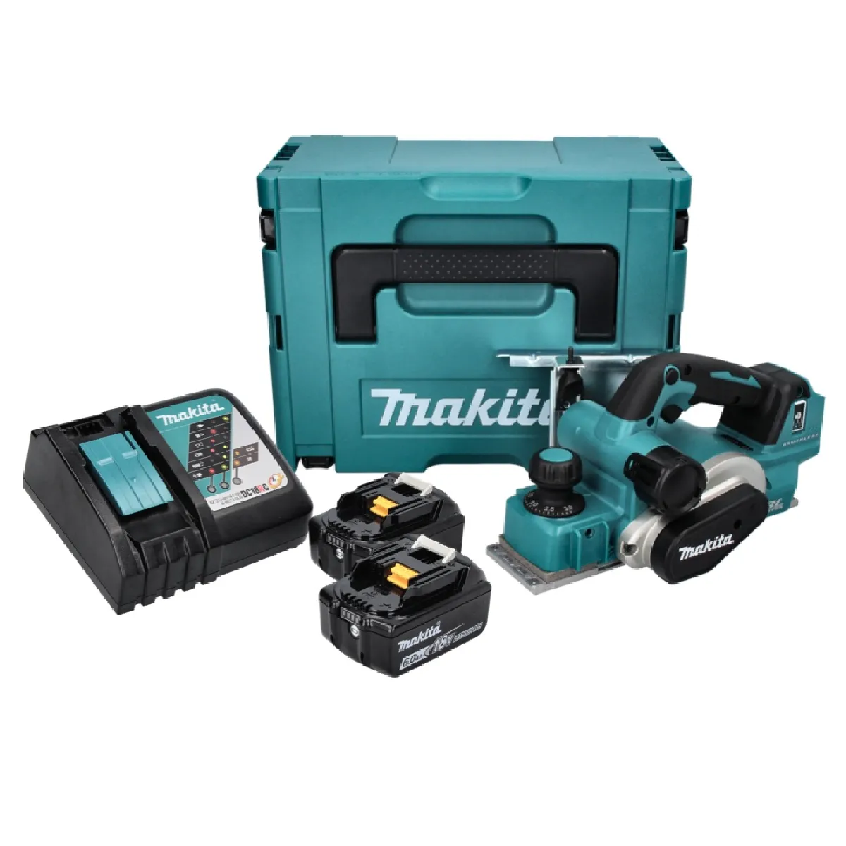 Makita DKP181RGJ Rabot sans fil 82mm 18V Brushless + 2x Batteries 6 0 Ah + Chargeur + Coffret Makpac