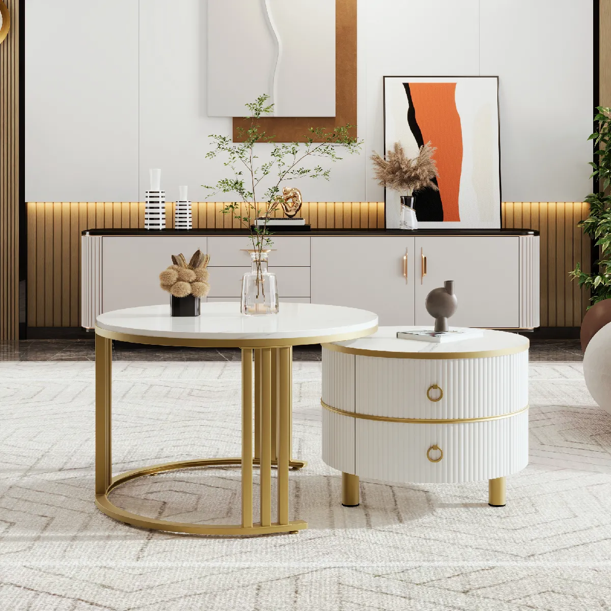Table basse ronde 2-en-1 en MDF, avec plateau brillant et marbre blanc, 2 tiroirs, 70×70×46 cm + 50×50×40 cm.