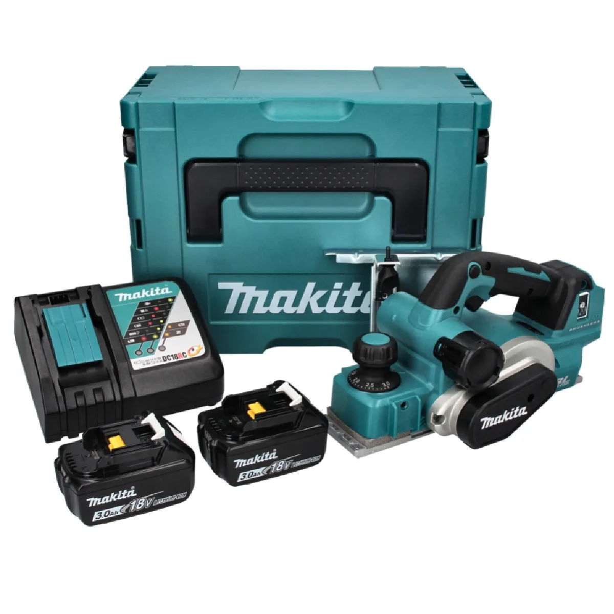 Makita DKP181RFJ Rabot sans fil 82mm 18V Brushless + 2x Batteries 3 0 Ah + Chargeur + Coffret Makpac