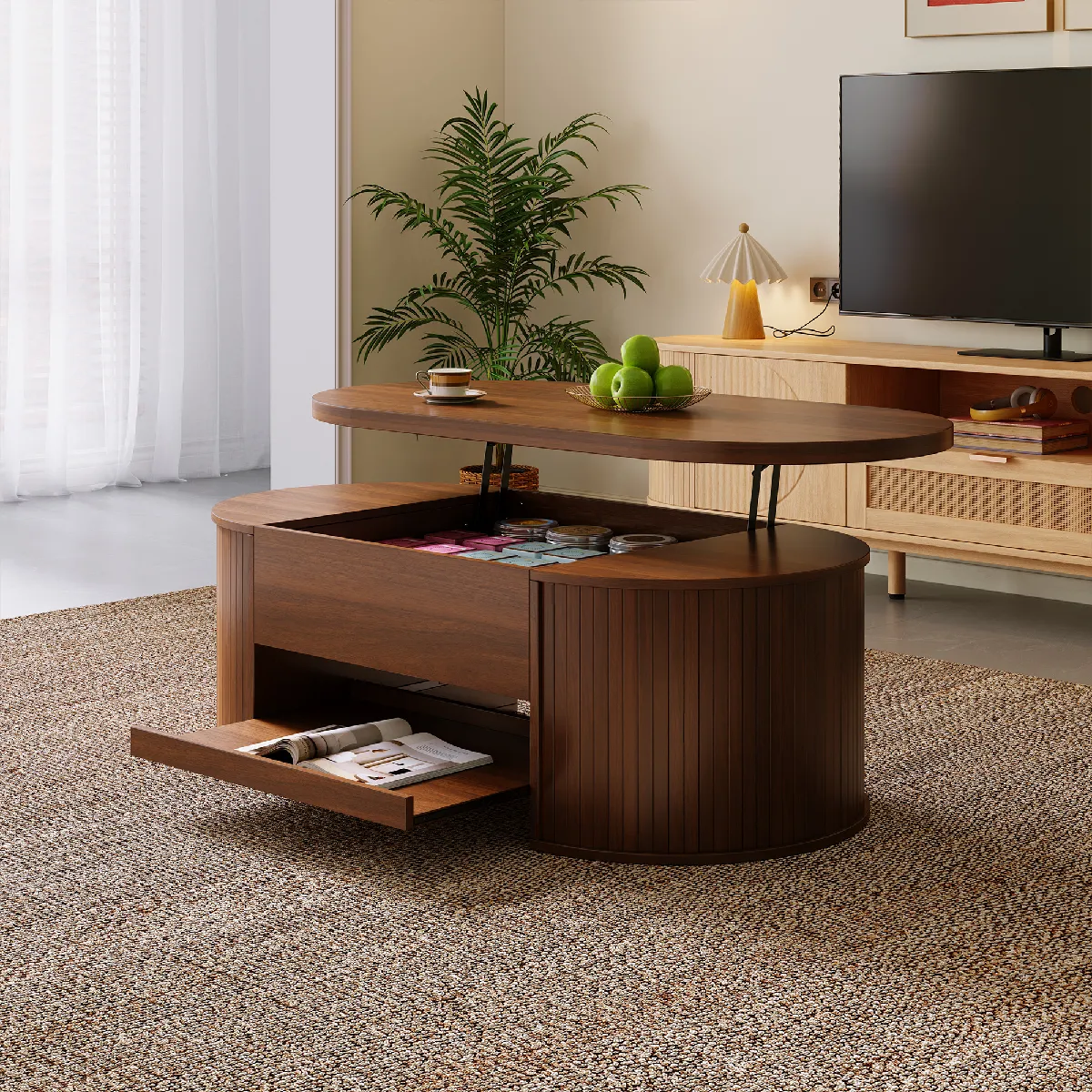 Table basse réglable avec côtés en bois courbé, étagère extensible, plateau ajustable, meuble multifonction pour salon.