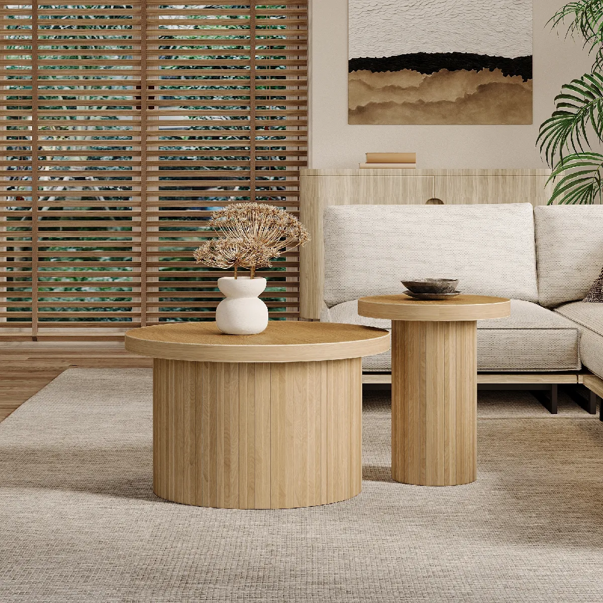 Table basse double ronde avec lattes en bois naturel, meuble multifonction pour salon.