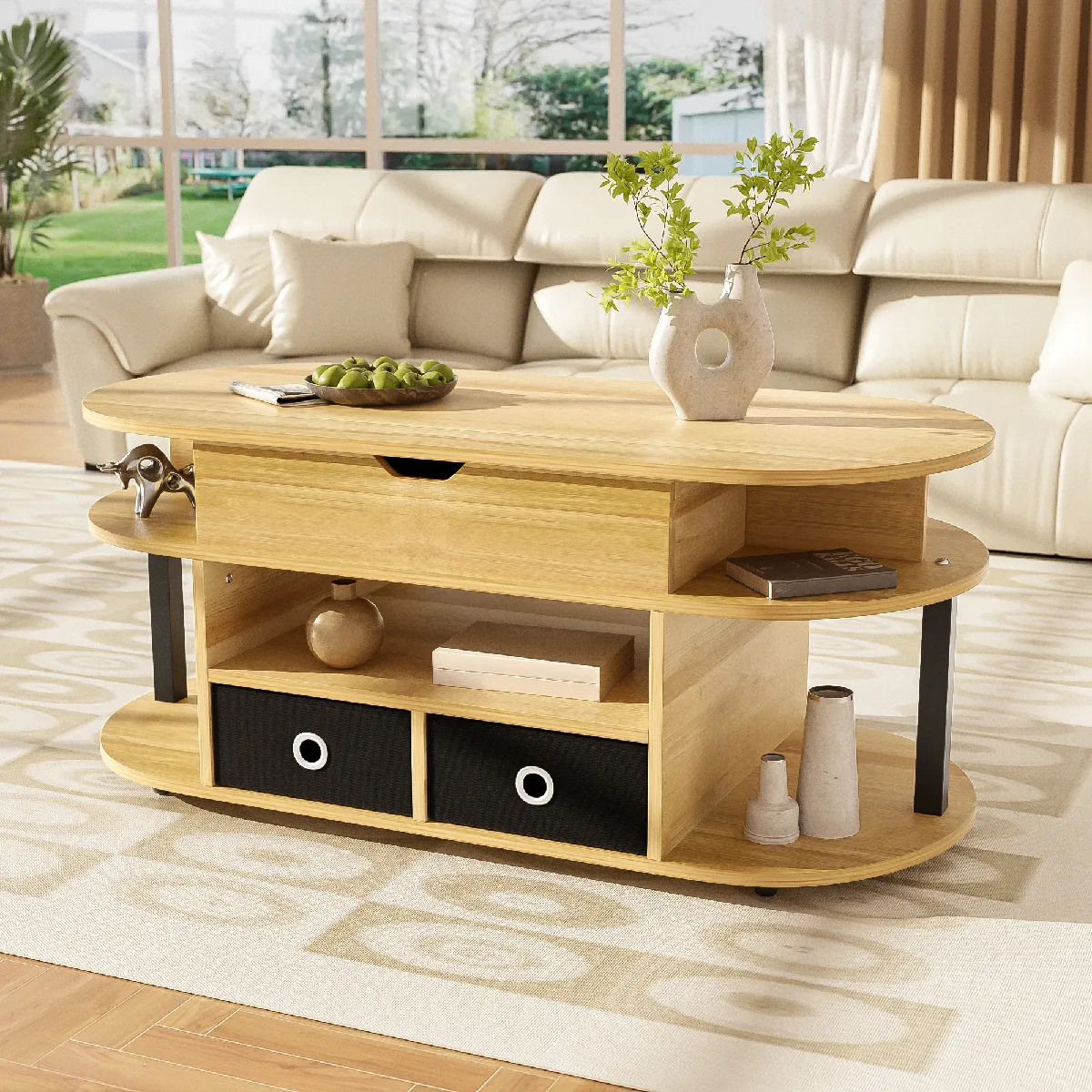 Meilleurs prix pour Table basse moderne en bois, avec fonction relevable, rangements et tiroirs en tissu noir, pratique et élégante.
