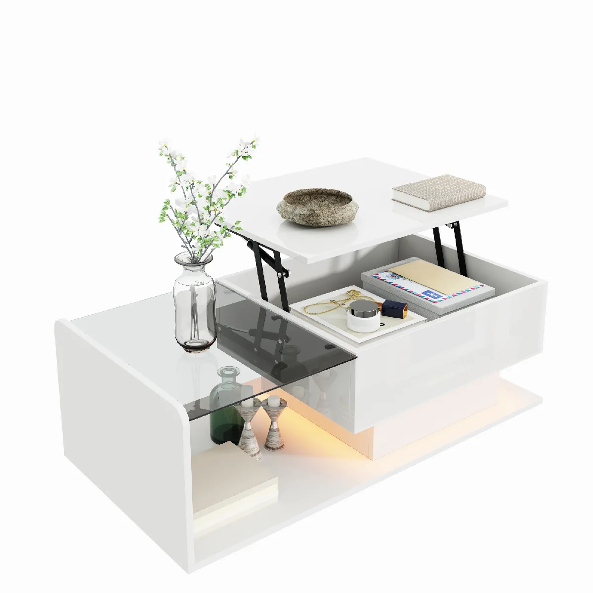 Meilleurs prix pour Table basse blanche laquée brillante avec verre, LED et plateau en verre, moderne et élégante.