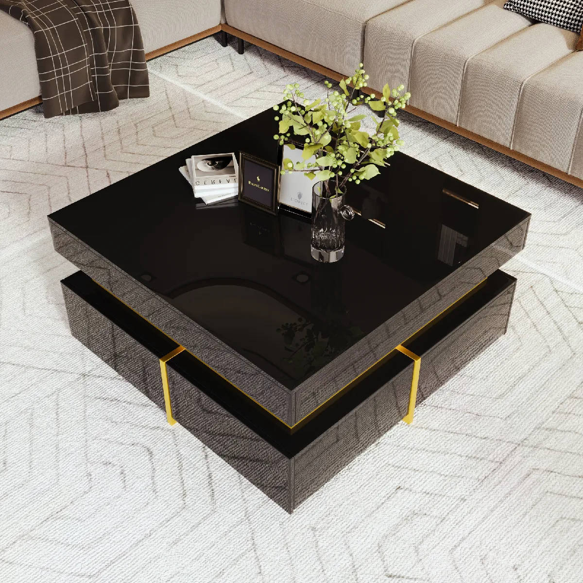Table laquée brillante avec tiroirs et accents dorés, élégance moderne.