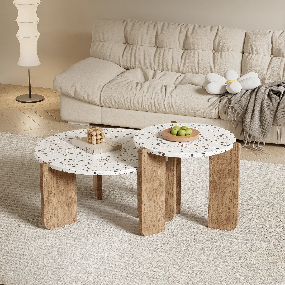 Set de 2 tables basses modulables pour salon et balcon, pratique, moderne et combinable.