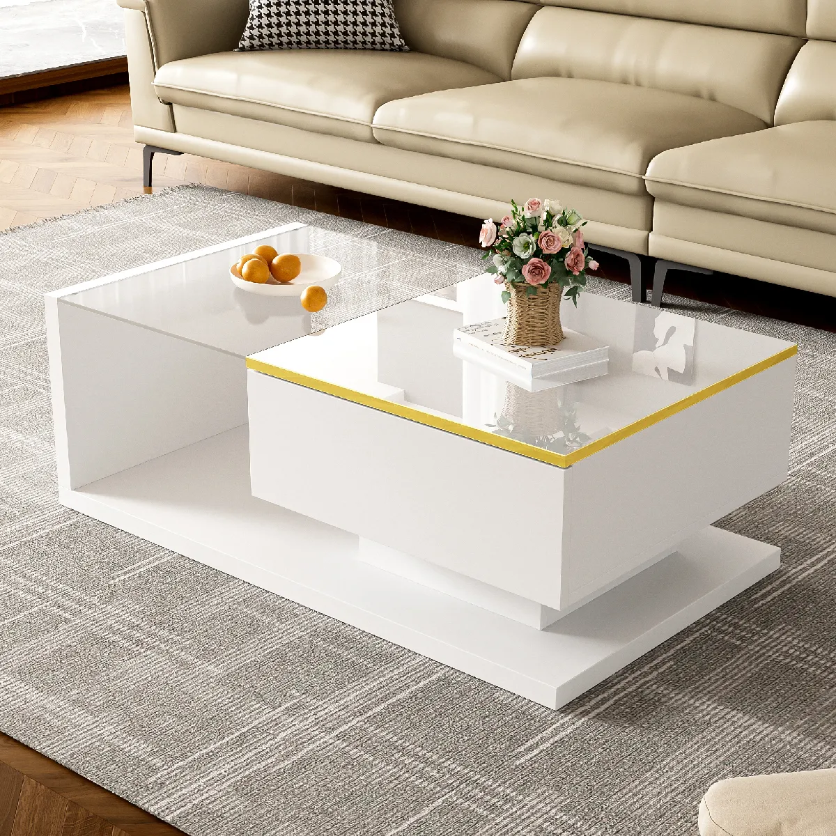 Comparer les prix de Table basse blanche laquée brillante de 90 cm, avec verre et effet LED, élégant et moderne.