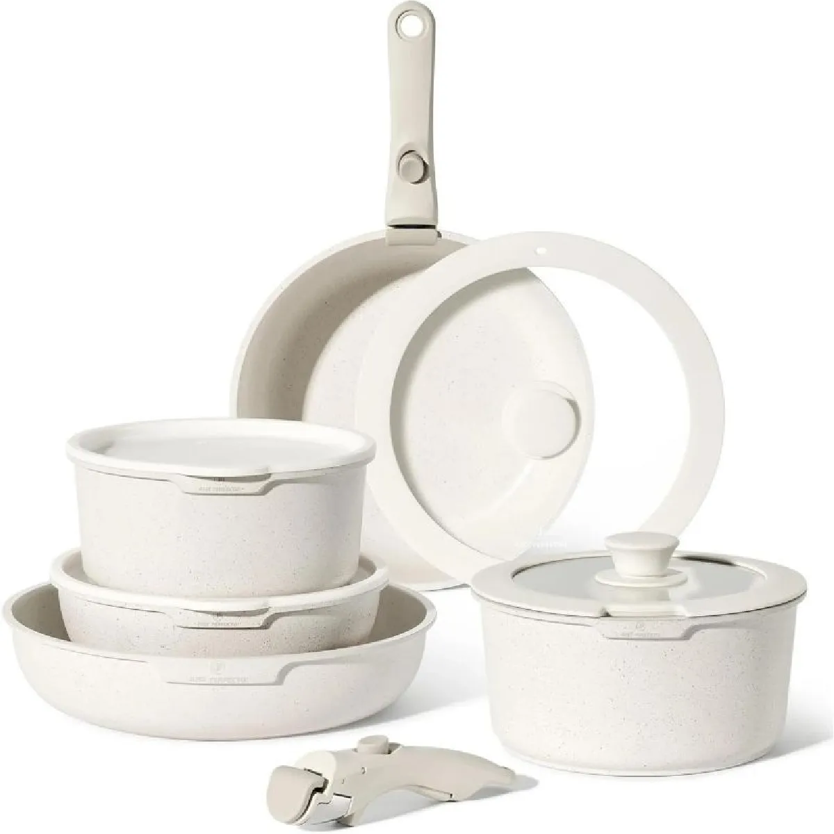 Just Perfecto Lot Casseroles et Poêles, Poêle à Frire 20cm/26cm, Casserole 18cm/20cm, Sauteuse 26cm, Induction, Poignée Amovible, Revêtement Antiadhésif, Couvercles Antiprojections (Biege)