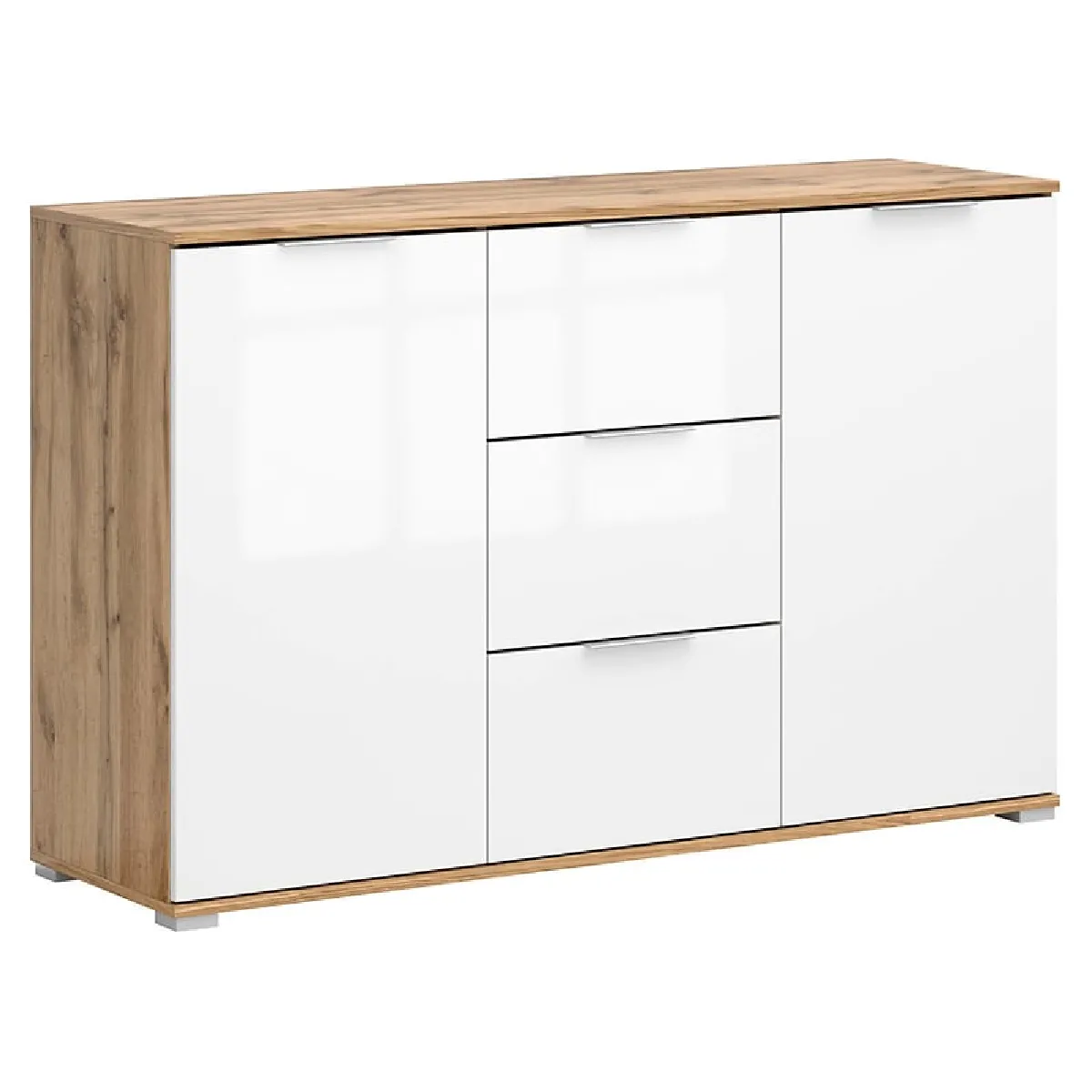 Pegane Blanc Commode 2 Portes 3 Tiroirs - Chêne Wotan