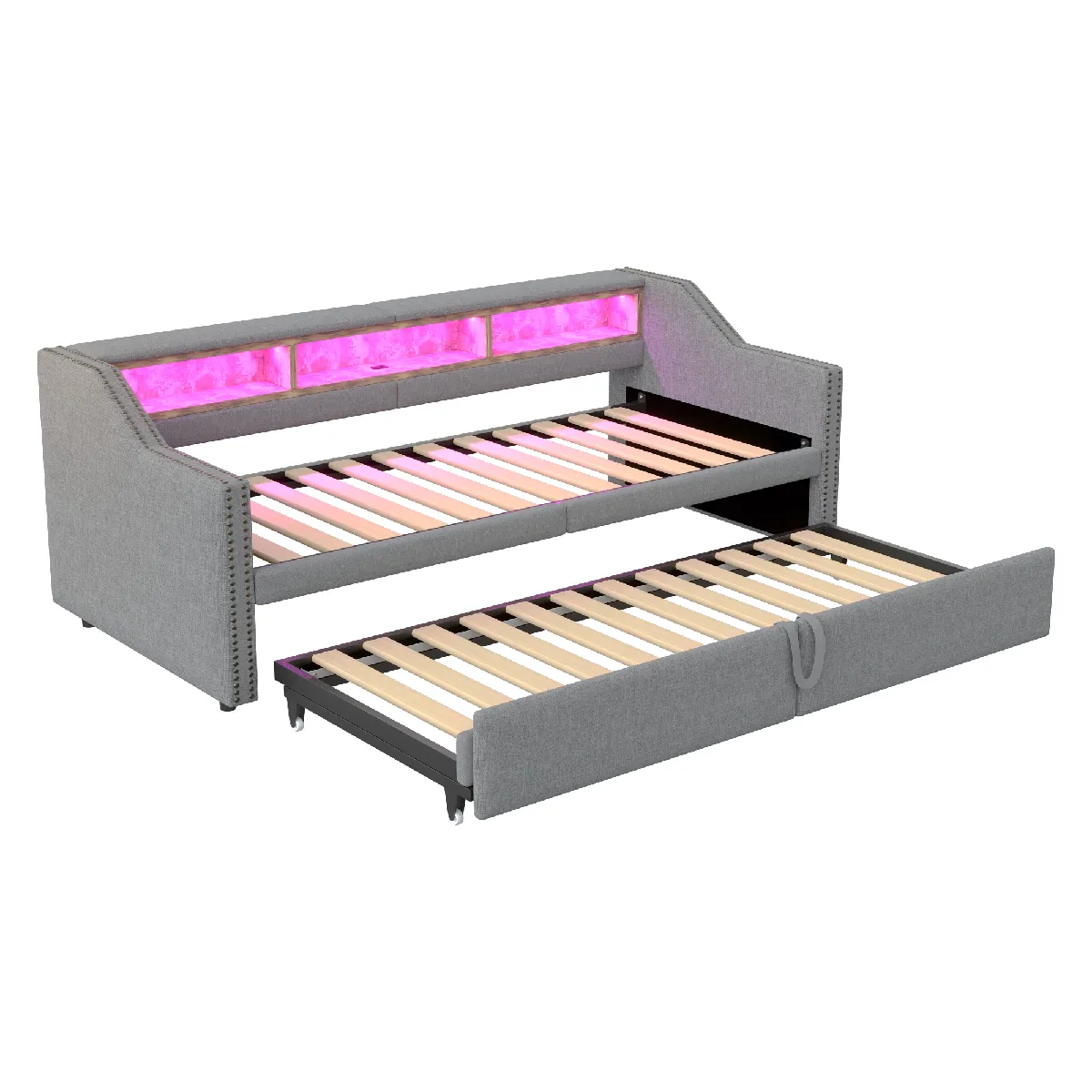 Canapé-lit en toile de jute avec LED et USB 90/180x200 cm, Gris clair