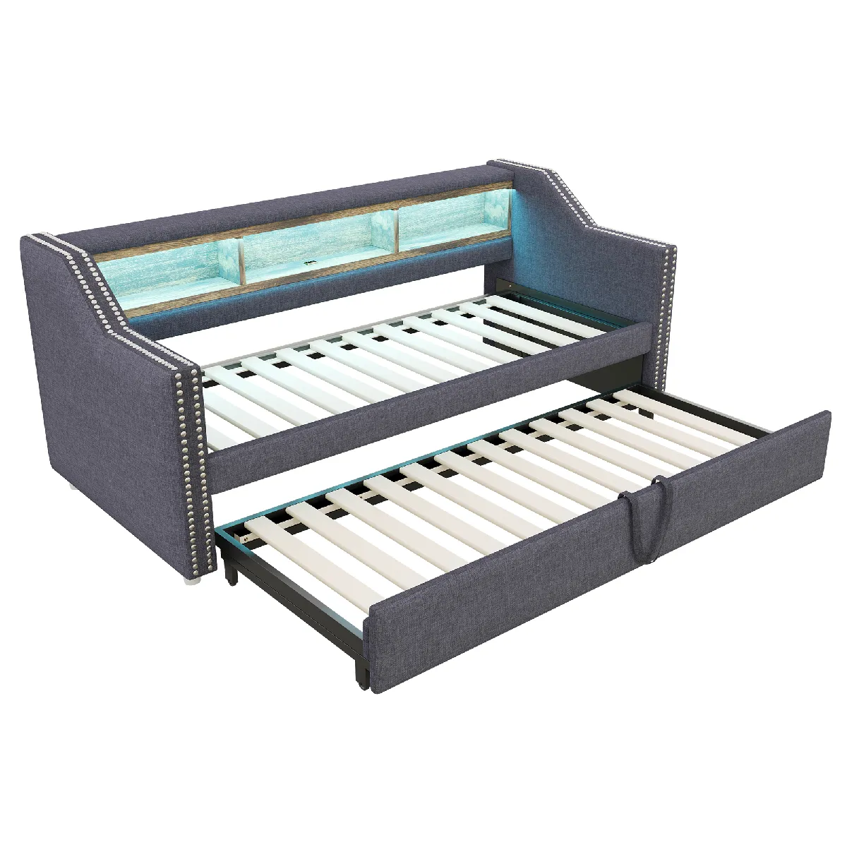 Canapé-lit en toile de jute avec rangements + USB/LED 90/180x190 cm, Gris foncé