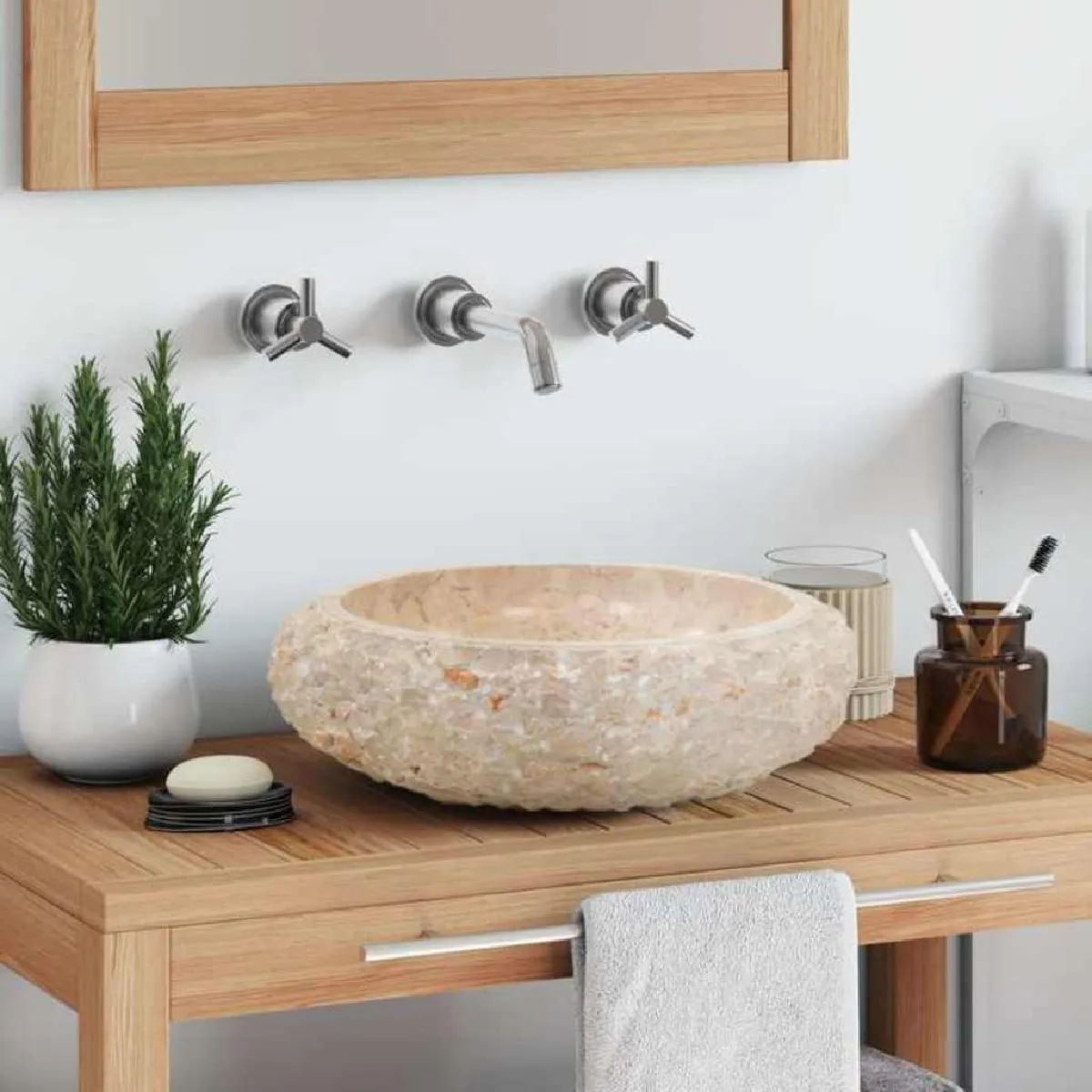 vidaXL Évier Crème Pierre Naturelle Lave Mains Lavabo Salle de Bain 142775 - vue 2