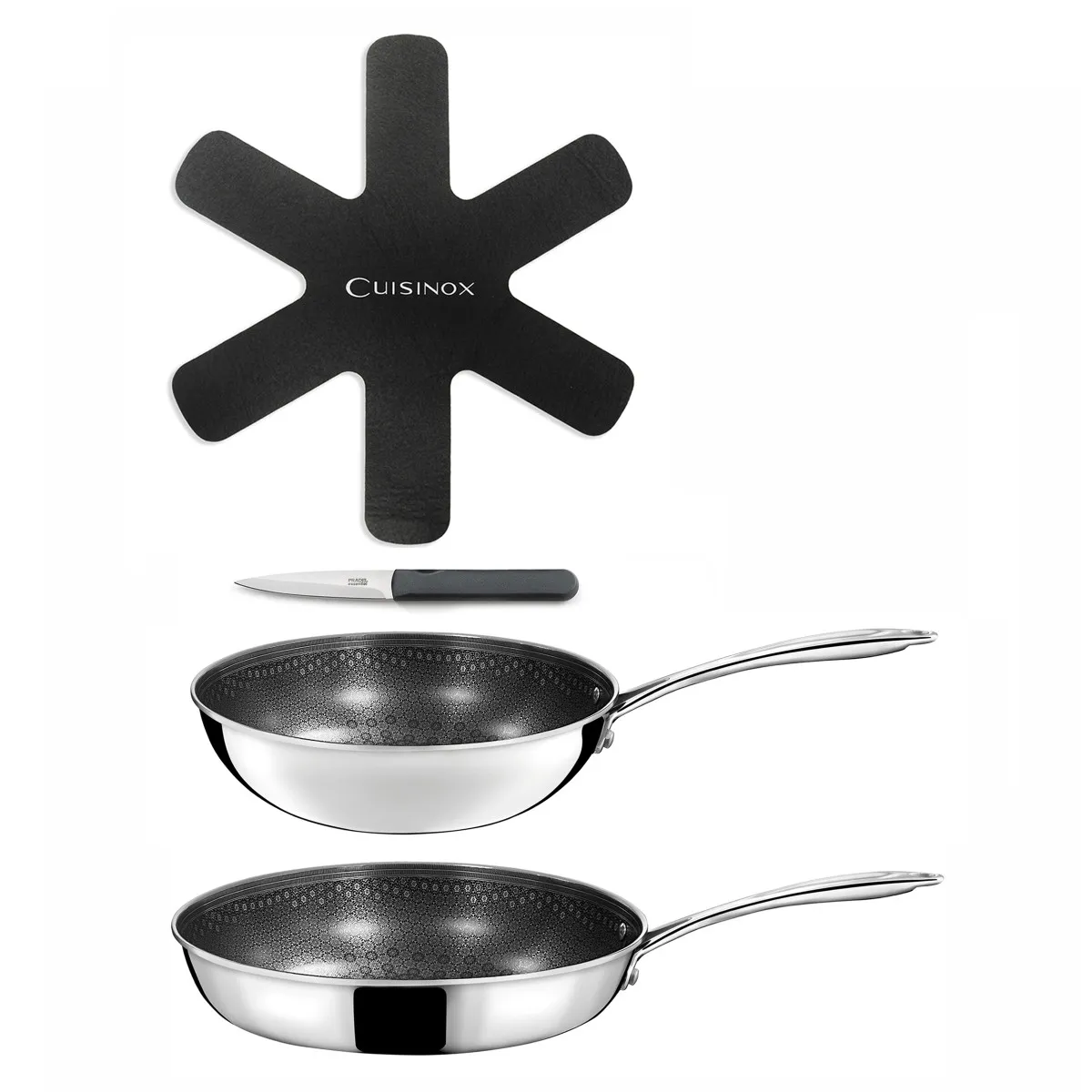 Virtuo - 1 wok 24cm, 1 poêle 28cm, 1 feutrine 28cm, 1 couteau d'office gris