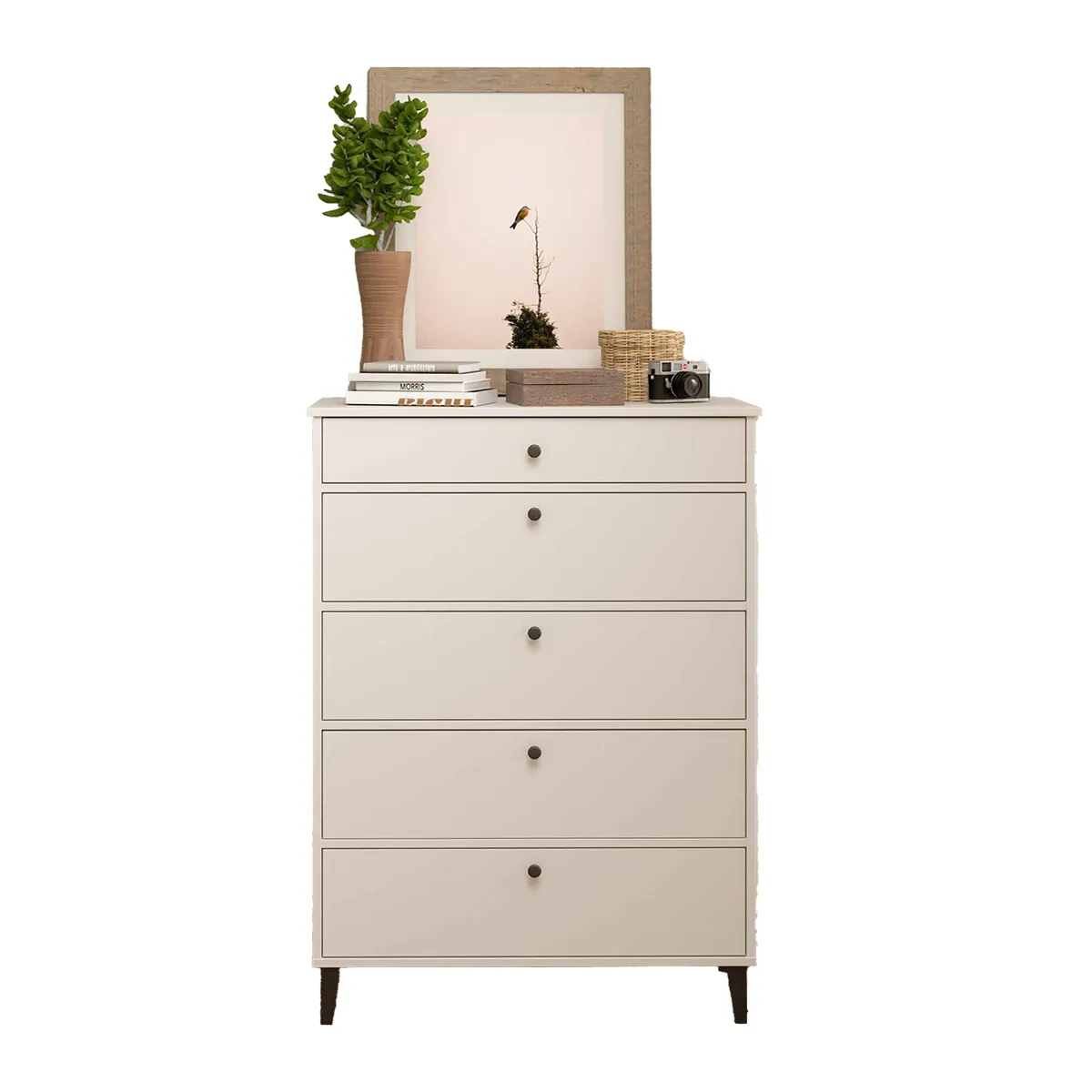 Commode Chiffonnier Meuble de rangement avec 5 tiroirs coloris Blanc