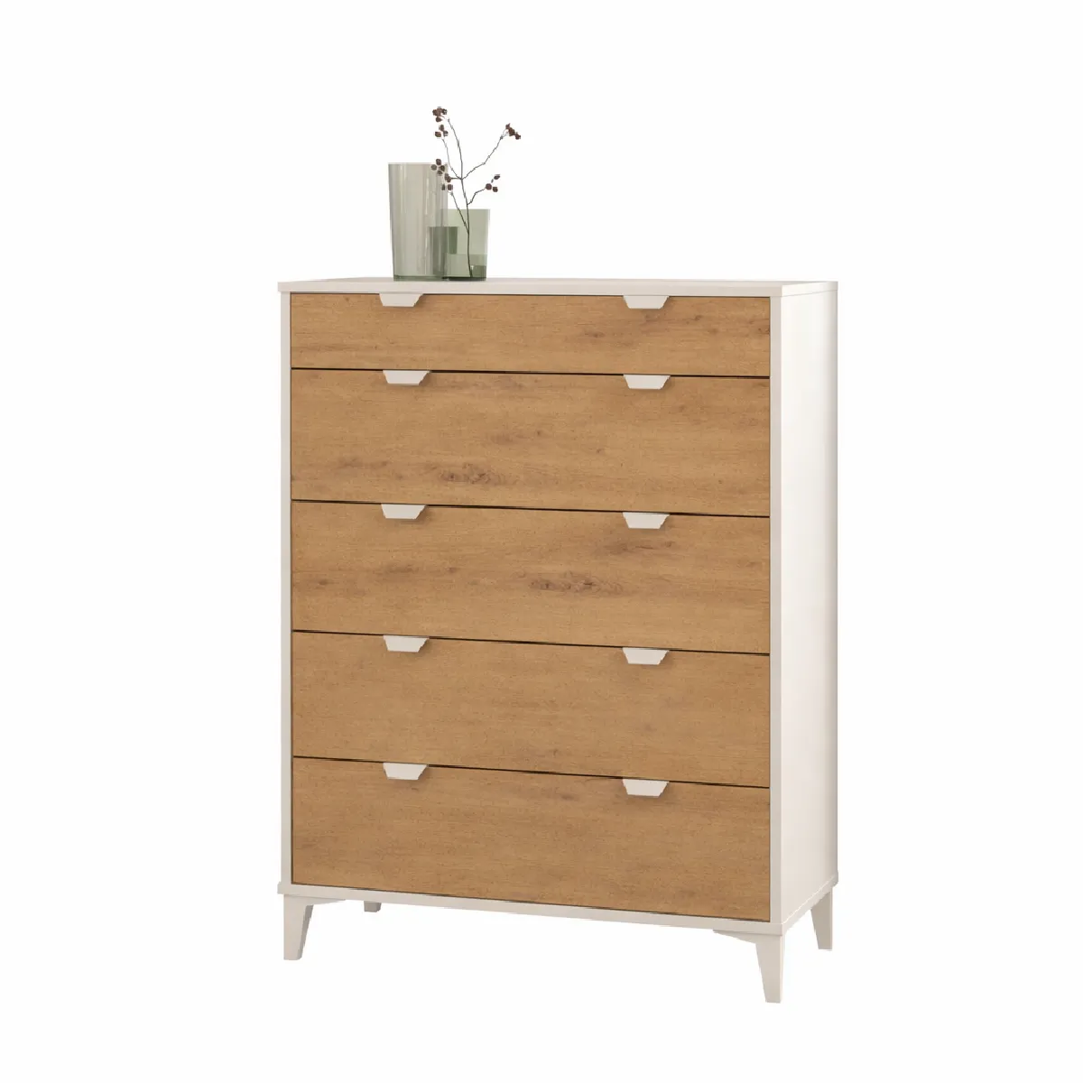 Commode Chiffonnier Meuble de rangement avec 5 tiroirs coloris Blanc/chêne Albar