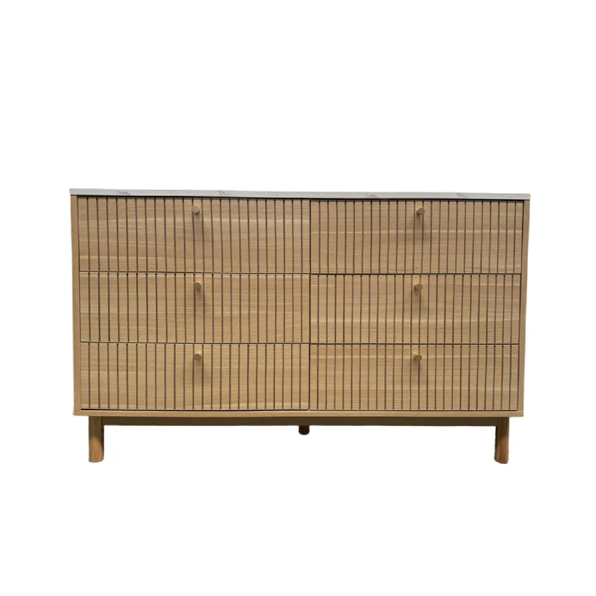 Buffet 6 tiroirs aspect bois rainuré et marbre 120cm BROX