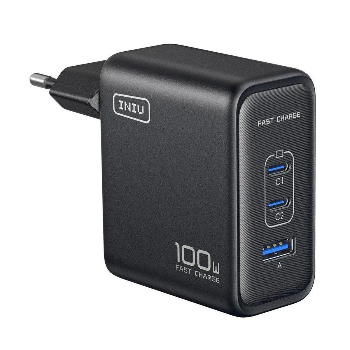 Iniu Noir Chargeur Secteur Gan 100W 2 Ports Usb-C Pd / Usb-A Et Prise Pliable