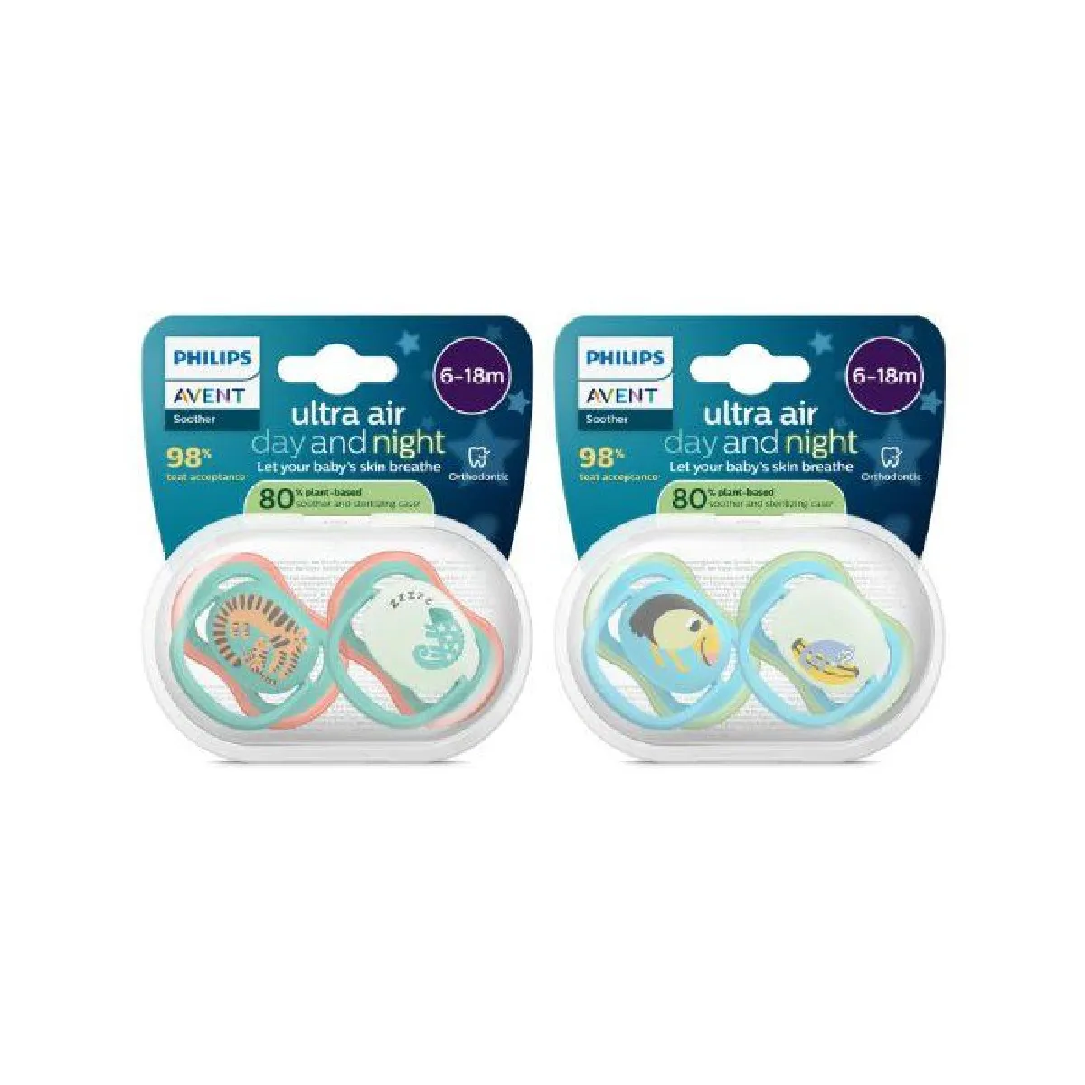 Philips Avent Day & Night Sucettes ultra air Orthodontiques pour bébés de 6 à version phosphorescente tétine symétrique en silicone souple sans BPA lot de 4 SCF087/ - vue 2