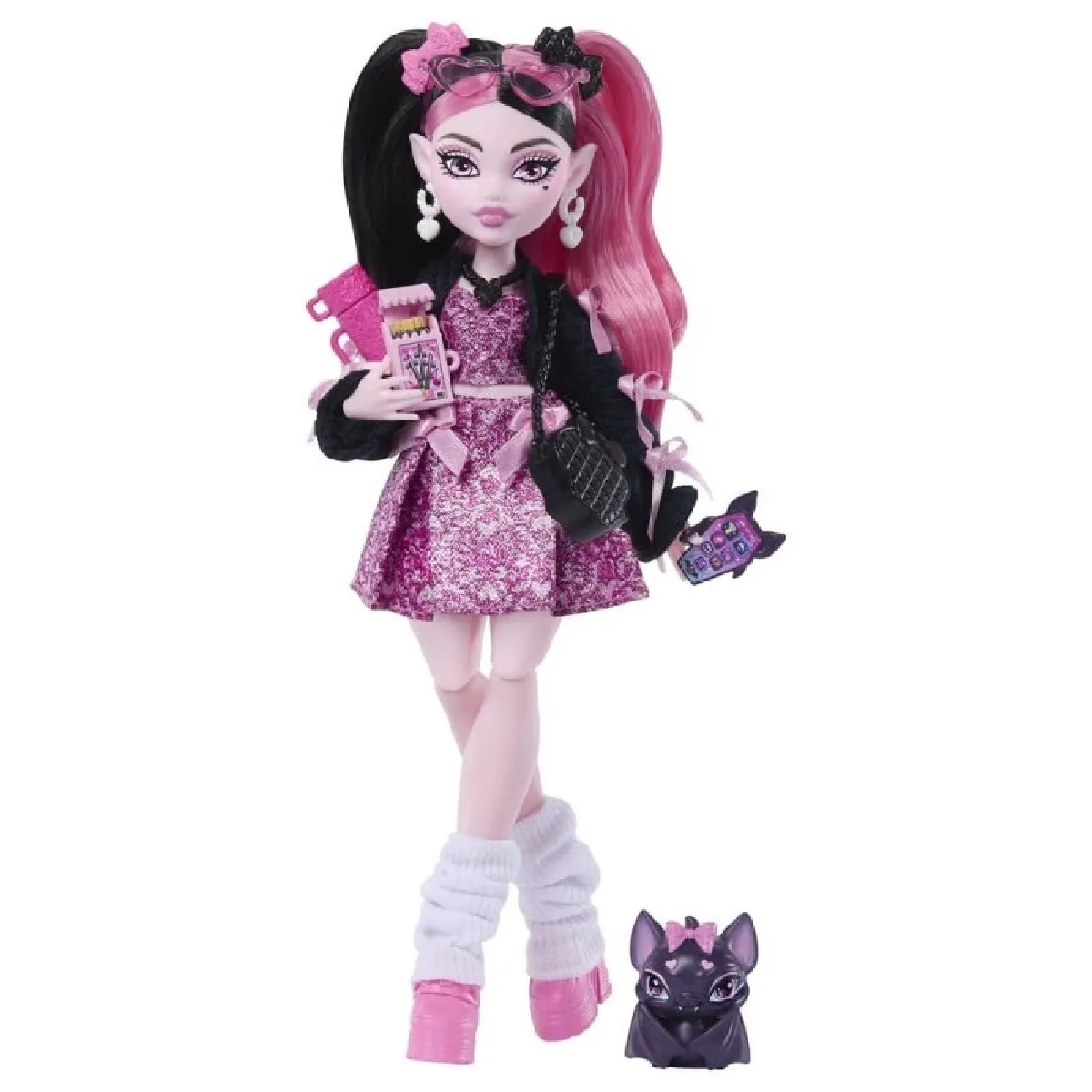 Monster High Poupée Draculaura en Robe à nœud et Cardigan avec Chauve de Compagnie Comte Fabulous et 7 Accessoires comme des ramens Un à lèvres et Un Sac à Main JHK29 - vue 7