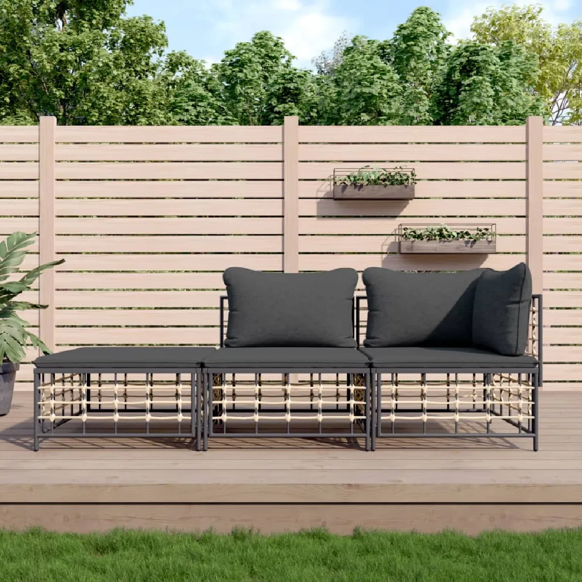 vidaXL Salon de jardin 3 pcs avec coussins anthracite résine tressée