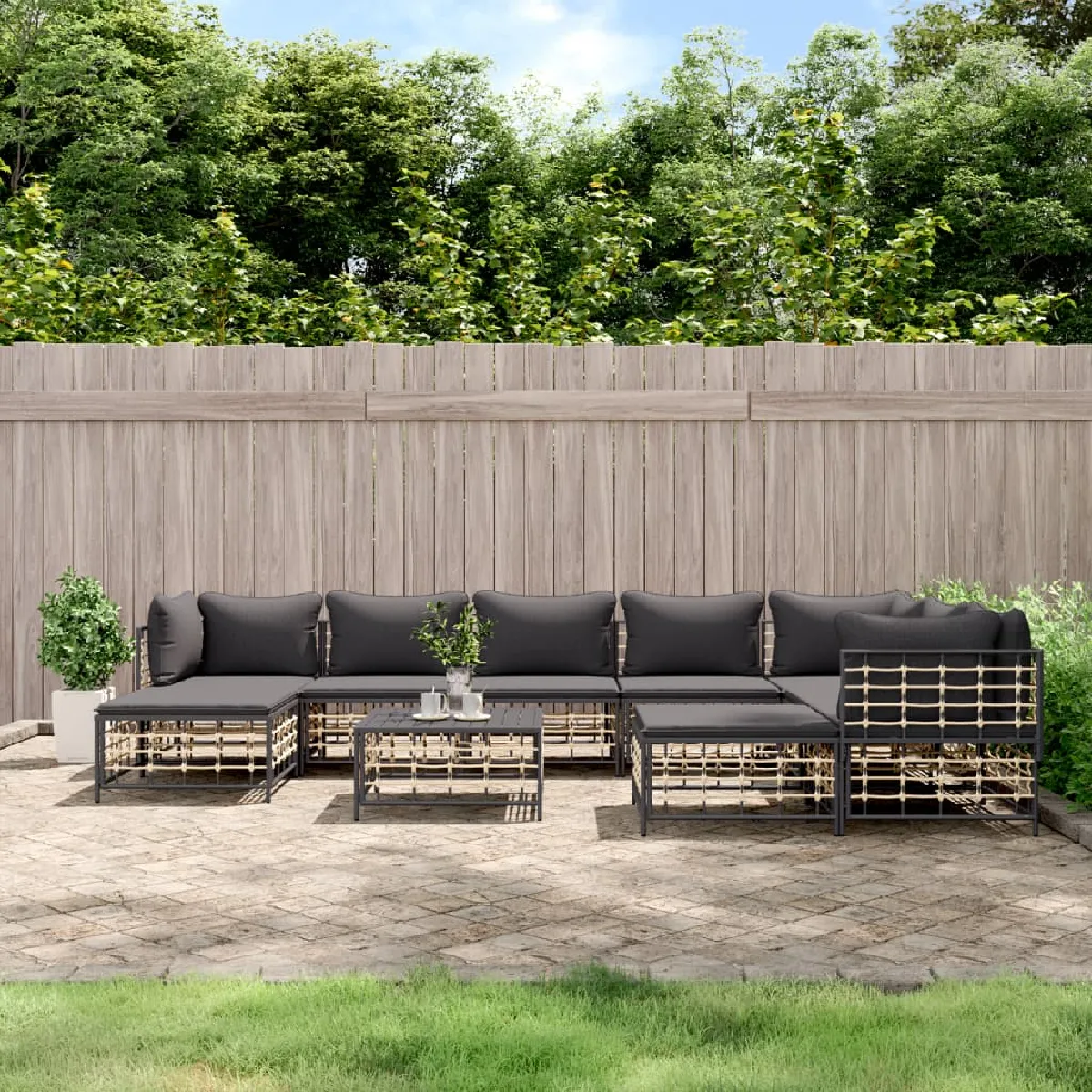 vidaXL Salon de jardin 10 pcs avec coussins anthracite résine tressée
