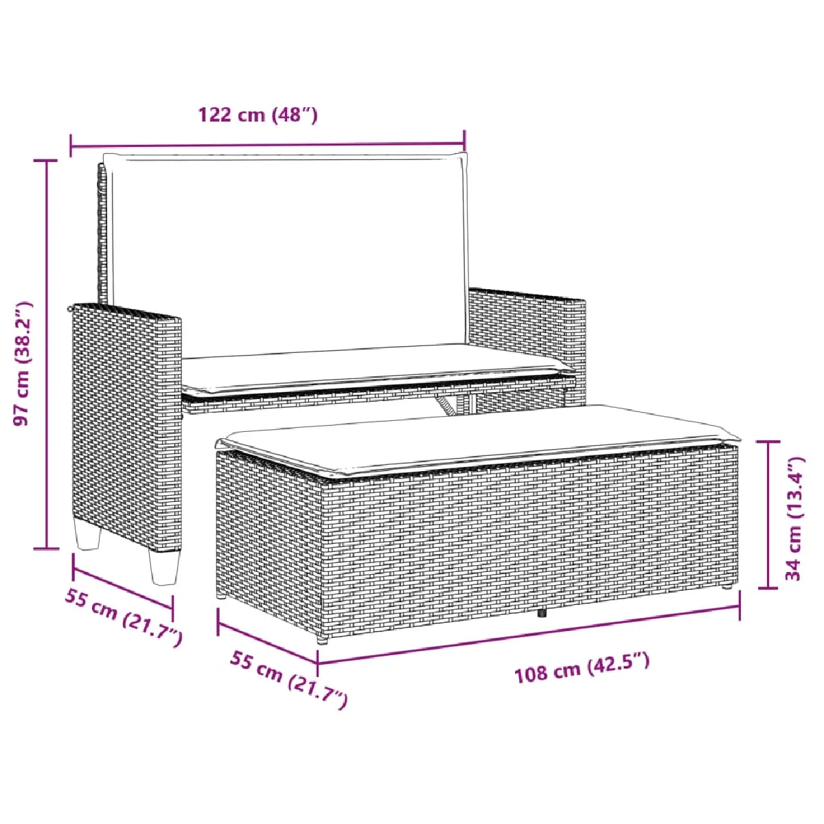 Banc De Jardin 2 En 1 En Polyrotin Beige - Avec Coussins Et Repose-pieds, Convertible En Lit - 5
