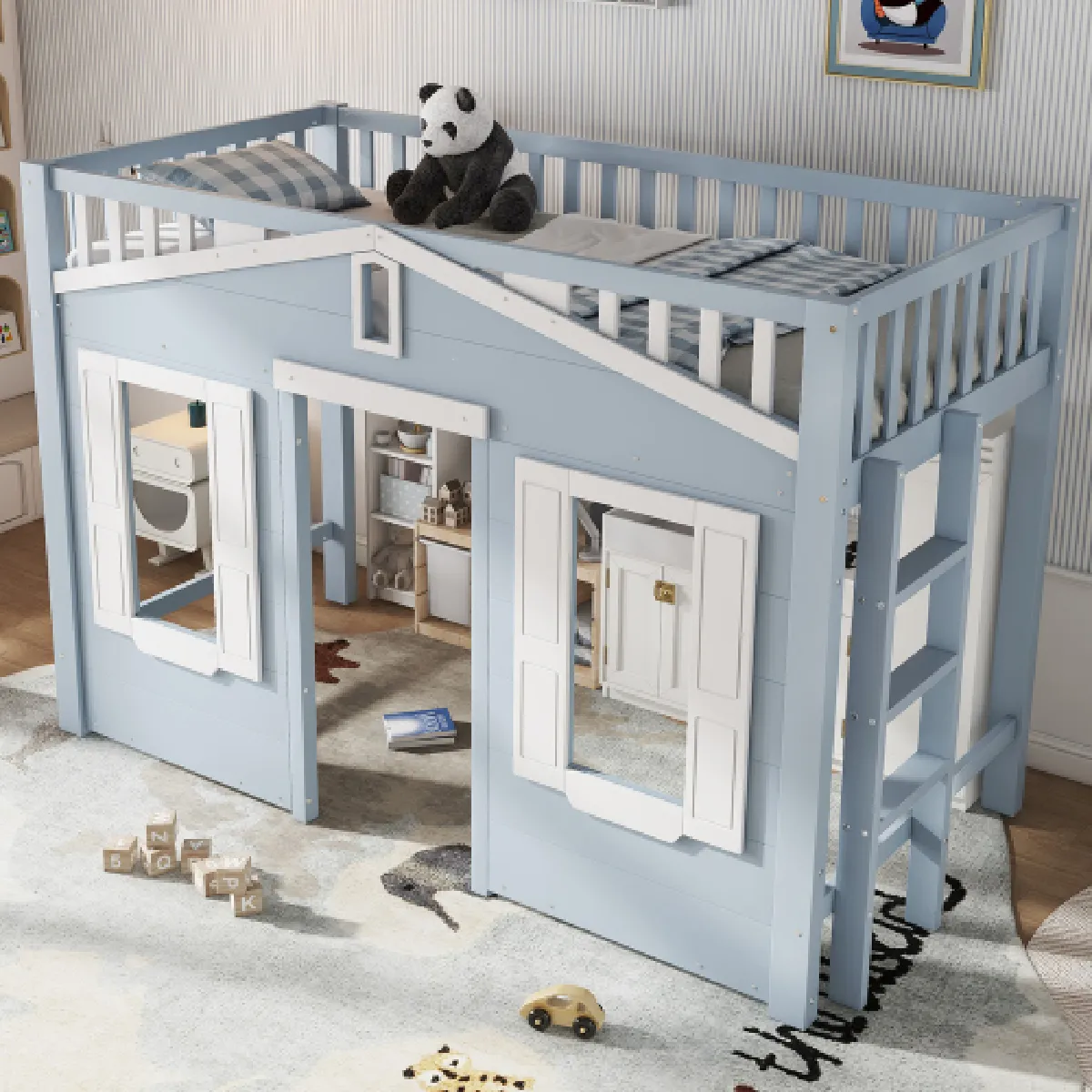 Lit mezzanine enfant 90x200 cm, échelle réversible, avec lattes, en bois, blanc et bleu