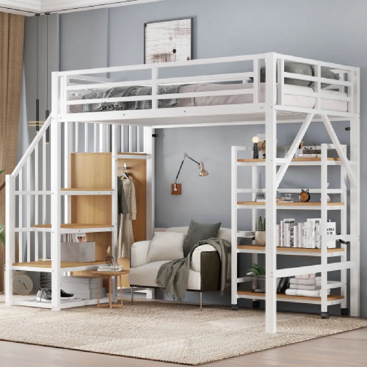 Lit mezzanine 90x200 cm, avec garde-corps et rangements, en métal, blanc et naturel